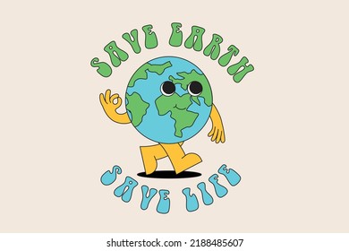 Vector illustration in simple naive and hippie groovy style - planet earth with smiling face, stickers, posters, design templates, happy planet print