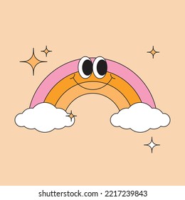Vector illustration in simple naive and hippie groovy style - rainbow with eyes and smiling face, positive vibes print
