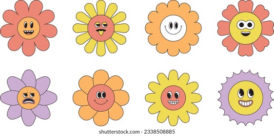 Vector illustration in simple naive and hippie groovy style - flowers and plants with smiling faces, stickers, posters, design templates, happy flowers prints