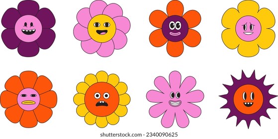 Vektorgrafik im einfachen Naiv- und Hippie-Traubenstil - Blumen und Pflanzen mit lächelnden Gesichtern, Aufklebern, Plakaten, Design-Vorlagen, Happy-Blumen-Drucke