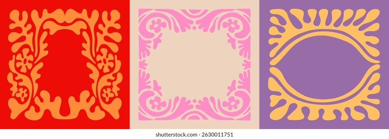 Vector illustration in simple naive and hippie groovy style, flowers and plants, floral botanic hand drawn design templates, frames and modern art prints, posters and placards with copy space