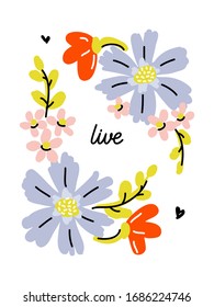 Vector illustration in simple naive style of abstract floral design with cute flowers. Pastel color blossoming plants for greeting card, poster, cover design template or social media story wallpaper