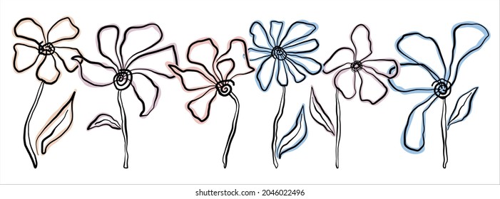 vector illustration simple one line drawing of flowers, abstract flowers, sketch set of drawings with flowers and plants