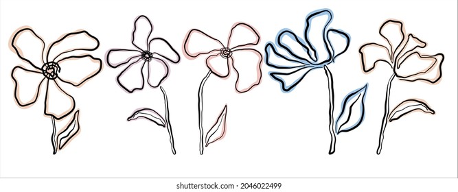 vector illustration simple one line drawing of flowers, abstract flowers, sketch set of drawings with flowers and plants