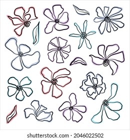vector illustration simple one line drawing of flowers, abstract flowers, sketch set of drawings with flowers and plants