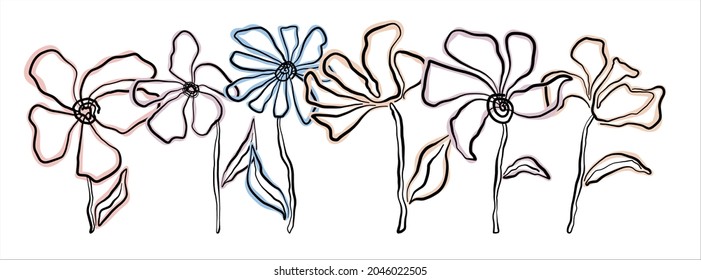 vector illustration simple one line drawing of flowers, abstract flowers, sketch set of drawings with flowers and plants