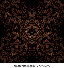 Vector illustration. Simple ornament. Ethnic and tribal motifs. Seamless striped and Mandalas pattern. Vintage print in black, brown and orange colors, grunge texture.
