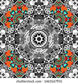 Vector illustration. Simple ornament. Seamless striped and Mandalas pattern. Ethnic and tribal motifs. Vintage print in blue, gray and orange colors, grunge texture.