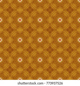 Vector illustration. Simple ornament. Seamless striped and Mandalas pattern. Vintage print in red, yellow and magenta colors, grunge texture. Ethnic and tribal motifs.