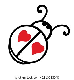 Vector illustration of simple outlined ladybug with hearts. Icon symbol of love and romantic for Valentines day. Little cute insect ladybird for baby and children tshirt, sticker and greeting card 