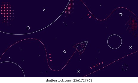 Vector illustration. Simple panoramic outer space wallpaper. Childish liner drawn backdrop. Modern art graphics. Cosmos exploration concept. Design elements for web banner, website or game template