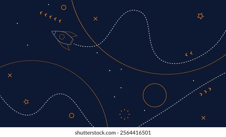 Vector illustration. Simple panoramic outer space wallpaper. Cosmos exploration concept. Childish liner drawn backdrop. Modern art graphics. Design elements for web banner, website template