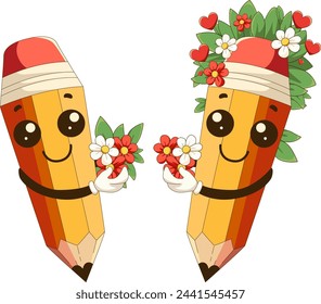 vector illustration, simple pencil, children's card for books, September 1st, holiday, colored pencil, cute character for textbooks, set