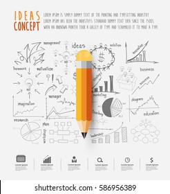 Vector illustration with a simple pencil. Yellow pencil on the background of the sketch creative thinking drawing charts and graphs business success strategy plan ideas