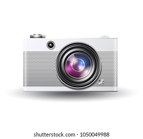 Vector illustration of simple photo camera in retro style, detailed single lens camera icon