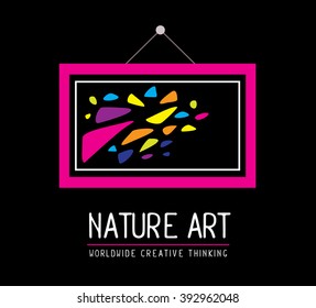 Vector illustration of simple pink rectangular frame within colorful spots and text on black background.Art design for web, site, advertising, banner, poster, flyer, brochure, board, card, paper print