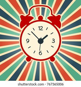 A vector illustration of simple red alarm clock on the vintage background. Old, modern clock silhouette