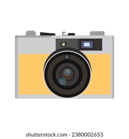 Vector illustration of simple retro camera in flat style on green background. Old analog camera with a round lens. Flat design vector illustration. Vintage Camera image. Icon, logo, t-shirt
