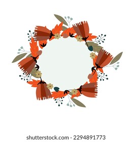 Vector illustration of a simple round frame with simple stylized flowers and an inscription hello spring in the center