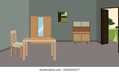 vector illustration of simple rural indian dining room interior with wooden furniture, wardrobe, window, cabinet, table, and chair in traditional village house - cartoon style indoor home decor

