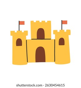 Ilustração vetorial de um simples castelo de areia com três torres, portas marrom arqueadas e pequenas bandeiras vermelhas. Vetor plano em tons amarelos quentes com linhas limpas e minimalistas.