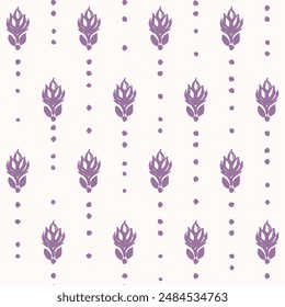 Ilustración vectorial. Simple sin costuras floral púrpura patrón sobre un fondo beige claro, colores pastel. Tejido de diseño, textil, cubierta. Estilo damasco