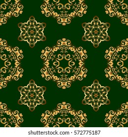 Vector illustration. Simple seamless pattern - gold stars on a green background. Vintage ornament.