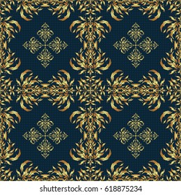 Vector illustration. Simple seamless pattern - gold stars on a blue background. Vintage ornament.