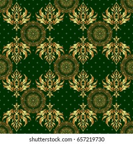 Vector illustration. Simple seamless pattern - gold stars on a green background. Vintage ornament.