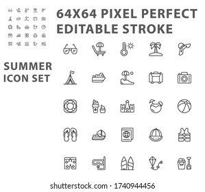 Vector illustration simple set of summer icon set vector line icons. Contains such icons as umbrella, boats, palm tree and more. Editable stroke. 64x64 Pixel Perfect.