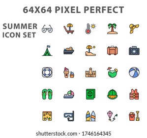 Vector illustration simple set of summer icon set vector lineal color icons. Contains such icons as umbrella, boats, palm tree and more. 64x64 Pixel Perfect.