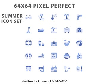 Vector illustration simple set of summer icon set vector blue icons. Contains such icons as umbrella, boats, palm tree and more. 64x64 Pixel Perfect.