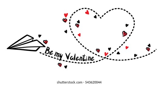 Vector illustration of a simple sketch 'Be my Valentine' and paper airplane