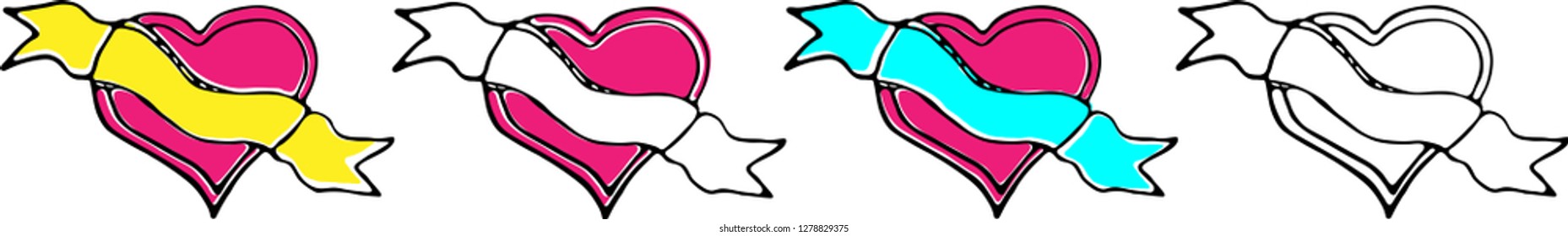 Vector illustration of a simple sketch heart with ribbon. The color and black-and-white image.