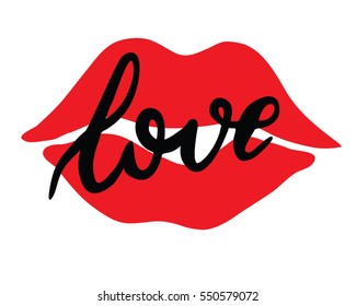 Vector illustration of a simple sketch lips and text 'love'