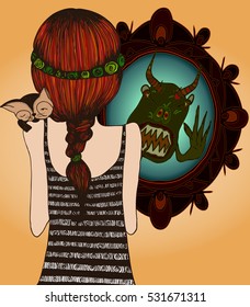 Vector illustration, simple sketch with strong meaning, angels and devils inside of us, demon face in the mirror, gradient background, card concept.