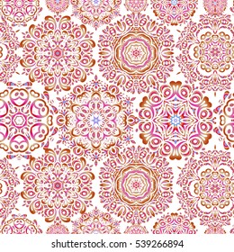 Vector illustration. Simple snowflakes seamless pattern, floral elements, decorative ornament. Arab, Asian, ottoman motifs in red, orange and violet colors. Seamless pattern on white background.