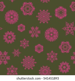 Vector illustration. Simple snowflakes seamless pattern, floral elements, decorative ornament. Arab, Asian, ottoman motifs. Seamless pattern on green background.