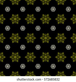 Vector illustration. Simple snowflakes seamless pattern, floral elements, decorative ornament. Arab, Asian, ottoman motifs in green and neutral colors. Seamless pattern on black background.