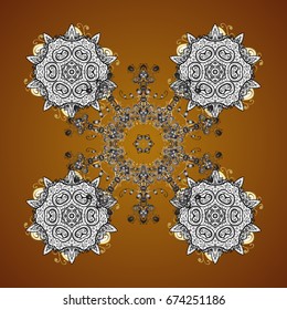 Vector illustration. Simple snowflakes seamless pattern, floral elements, decorative ornament. Arab, Asian, ottoman motifs. Seamless pattern on brown background.