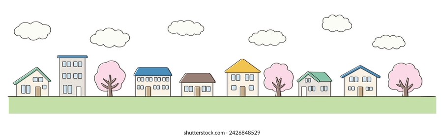 Vector illustration of a simple spring cityscape. House, tree, icon