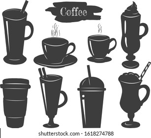 Vector illustration of simple stencil coffee cups icons set. Cappuccino, Americano, latte, Irish, in paper and plastic disposable glasses. Vintage hand drawn style.