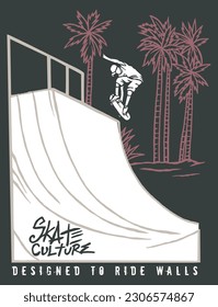 Vector illustration in simple, stripped lines of a skater performing tricks on a skate ramp. Art for printing on t-shirts, posters and etc...