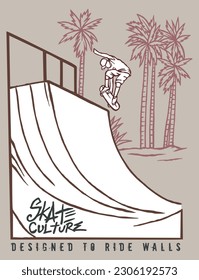 Vector illustration in simple, stripped strokes of a skateboarder performing tricks on a ramp. Art for printing on t-shirts, posters and etc...