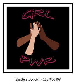 Vector illustration in simple style with hand lettering phrase girl power on black. Stylish print for poster or t-shirt. Feminism quote and woman motivational slogan. High five.