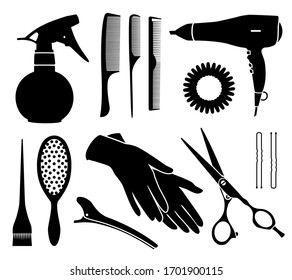 Vector illustration in a simple style set of silhouettes of hairdressing accessories: scissors, hair dryer, elastic band, hairpins, brush, combs, sprinklers