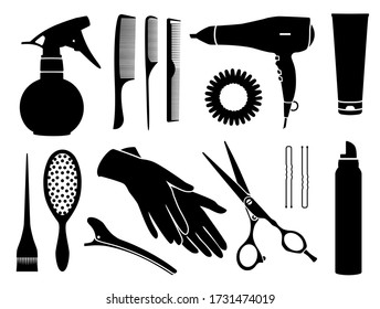 Vector illustration in a simple style set of silhouettes of hairdressing accessories: scissors, hair dryer, elastic band, hairpins, brush, combs, sprinklers, tube