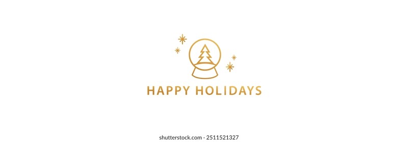 Vector illustration. Simple and stylish Happy Holidays greeting in gold, featuring snow globe with tree and falling snowflakes on white background. Concept of winter holidays celebration. Minimalist.