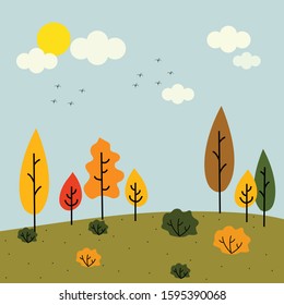 Vector illustration Simple summer backgrounds On the mound, there are colorful trees. In the sky there are clouds and clouds. For graphic design and websites