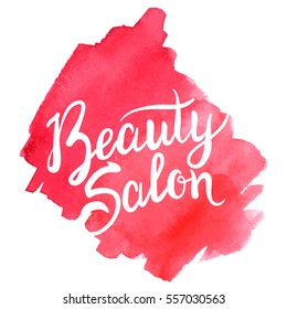 Vector illustration of a simple text for a beauty salon. Red background.